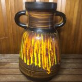 Old Vase With Handles ST CLÉMENT France Ceramic Brown & Orange Vintage #A412