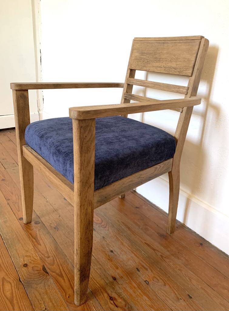 Art Deco armchair in solid wood and blue corduroy fabric