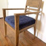 Art Deco armchair in solid wood and blue corduroy fabric