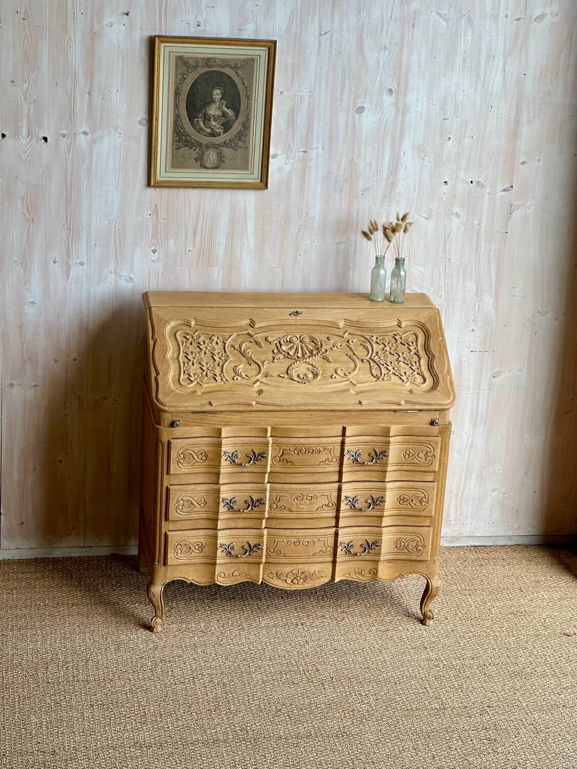 Antique oak secretary – light polished wood – Louis XV style