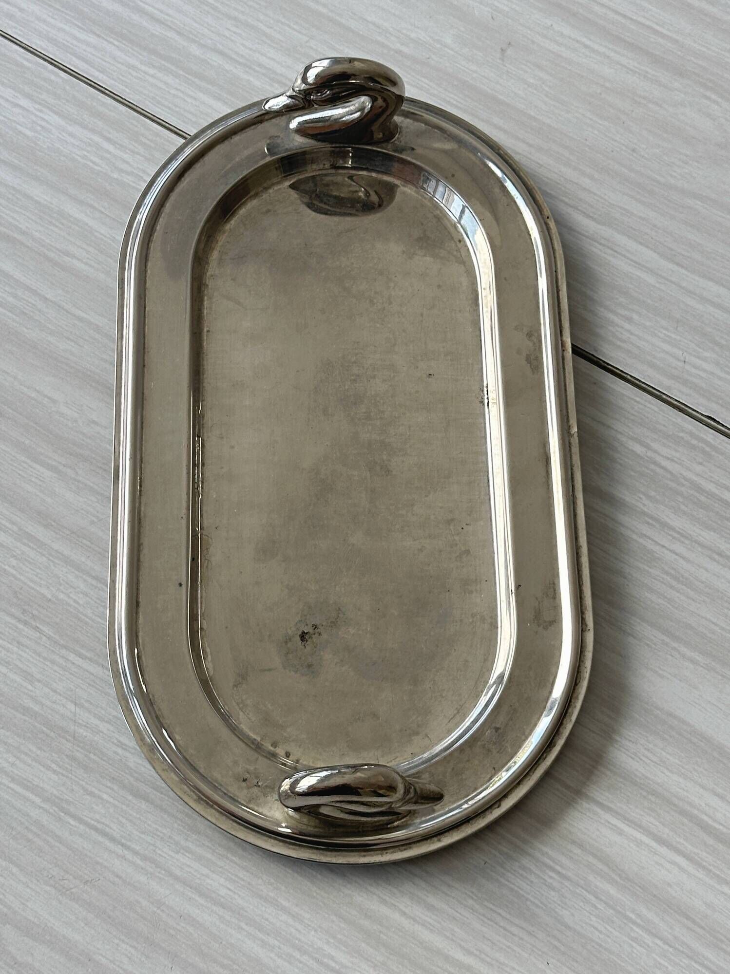 Vintage stainless steel dish with goose head handles serving tray