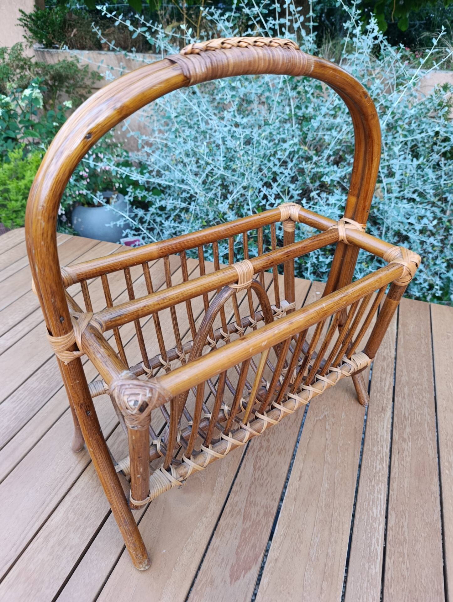 bamboo / rattan magazine rack, vintage, bohemian chic charm