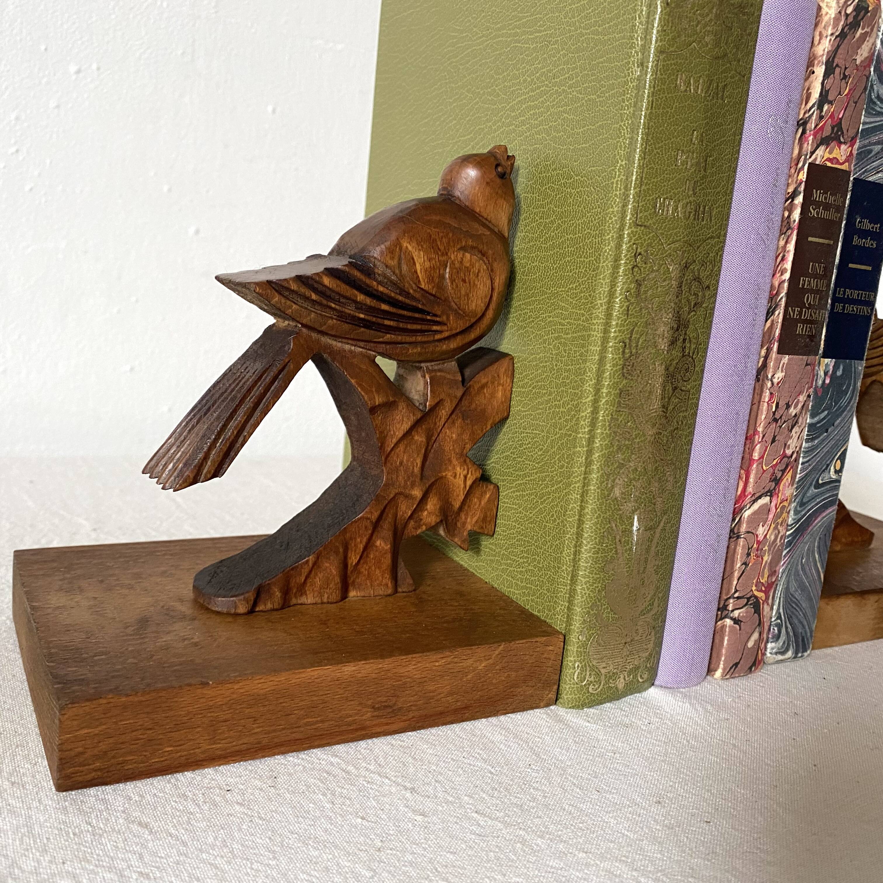 Pair of art deco wooden bookends birds