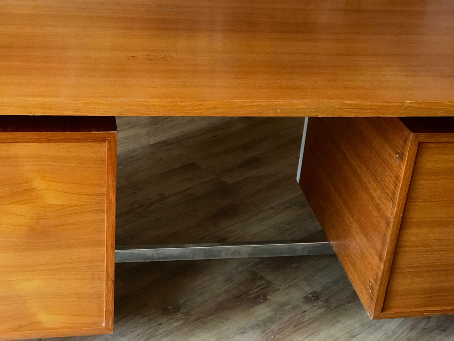 Vintage teak and stainless steel desk with two pedestals