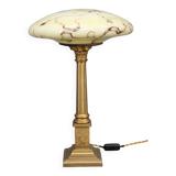 1940s Restored Brass Table Lamp with Wooden Base and Glass Shade