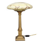 1940s Restored Brass Table Lamp with Wooden Base and Glass Shade