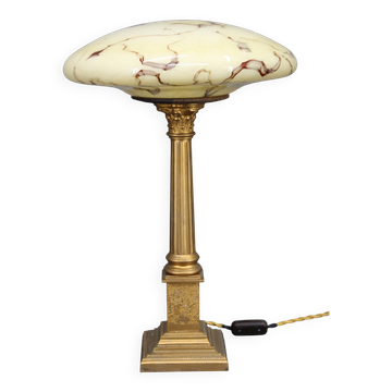 1940s Restored Brass Table Lamp with Wooden Base and Glass Shade