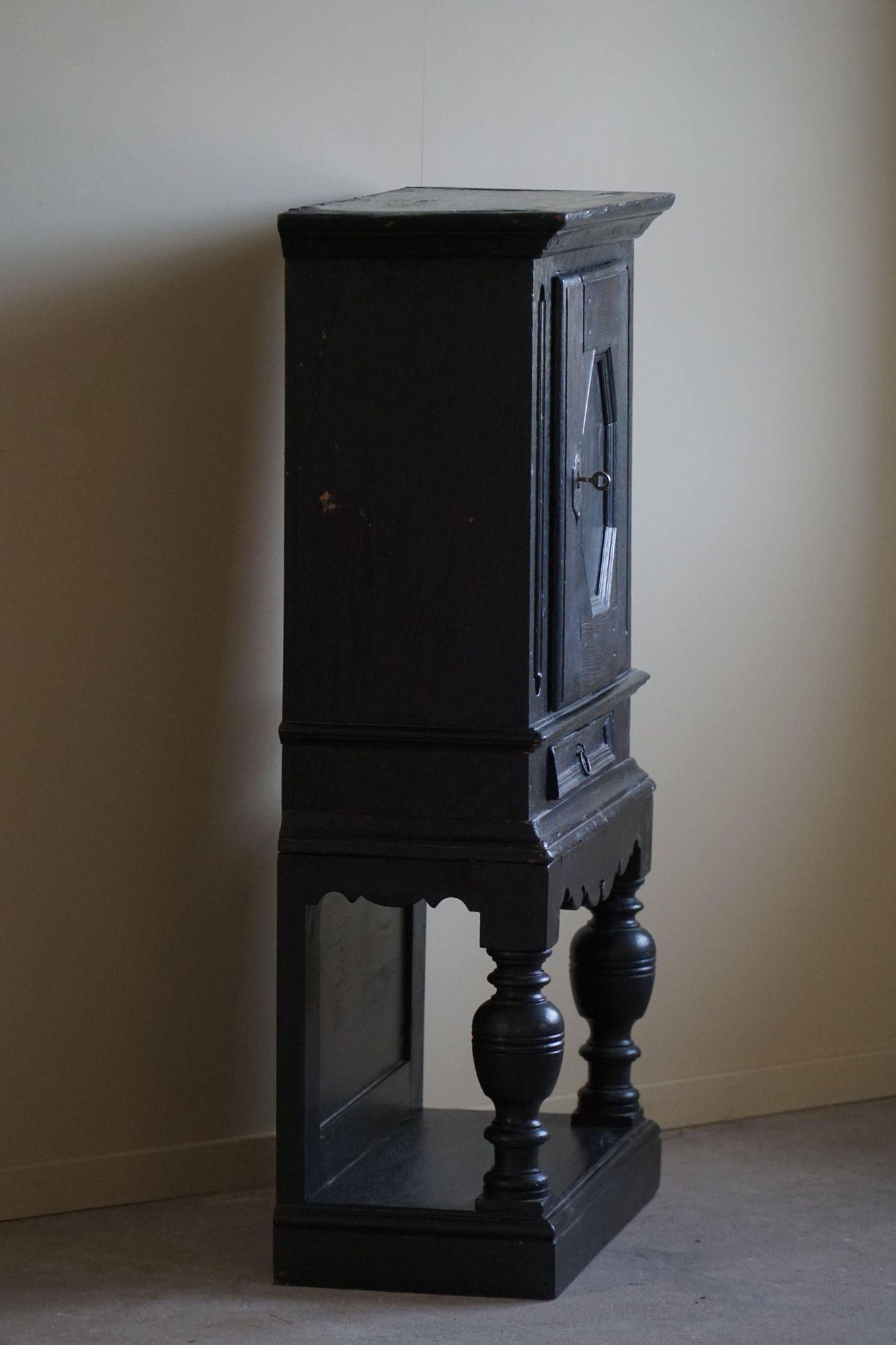 Antique black painted wardrobe from the 18th century by a Danish cabinetmaker, baroque.