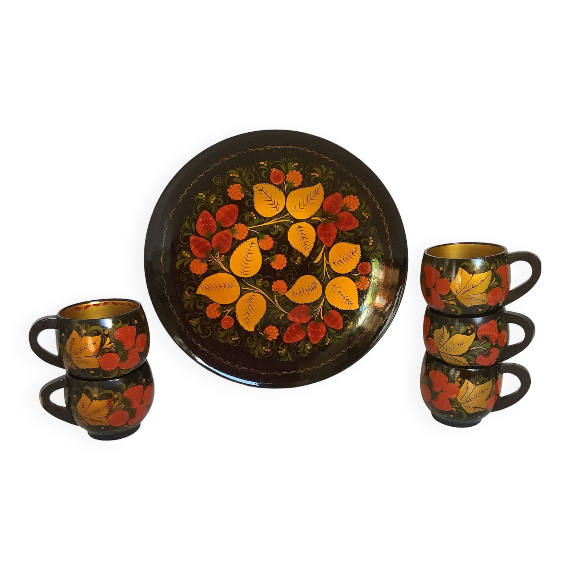 Tray and five Russian khokhloma cups