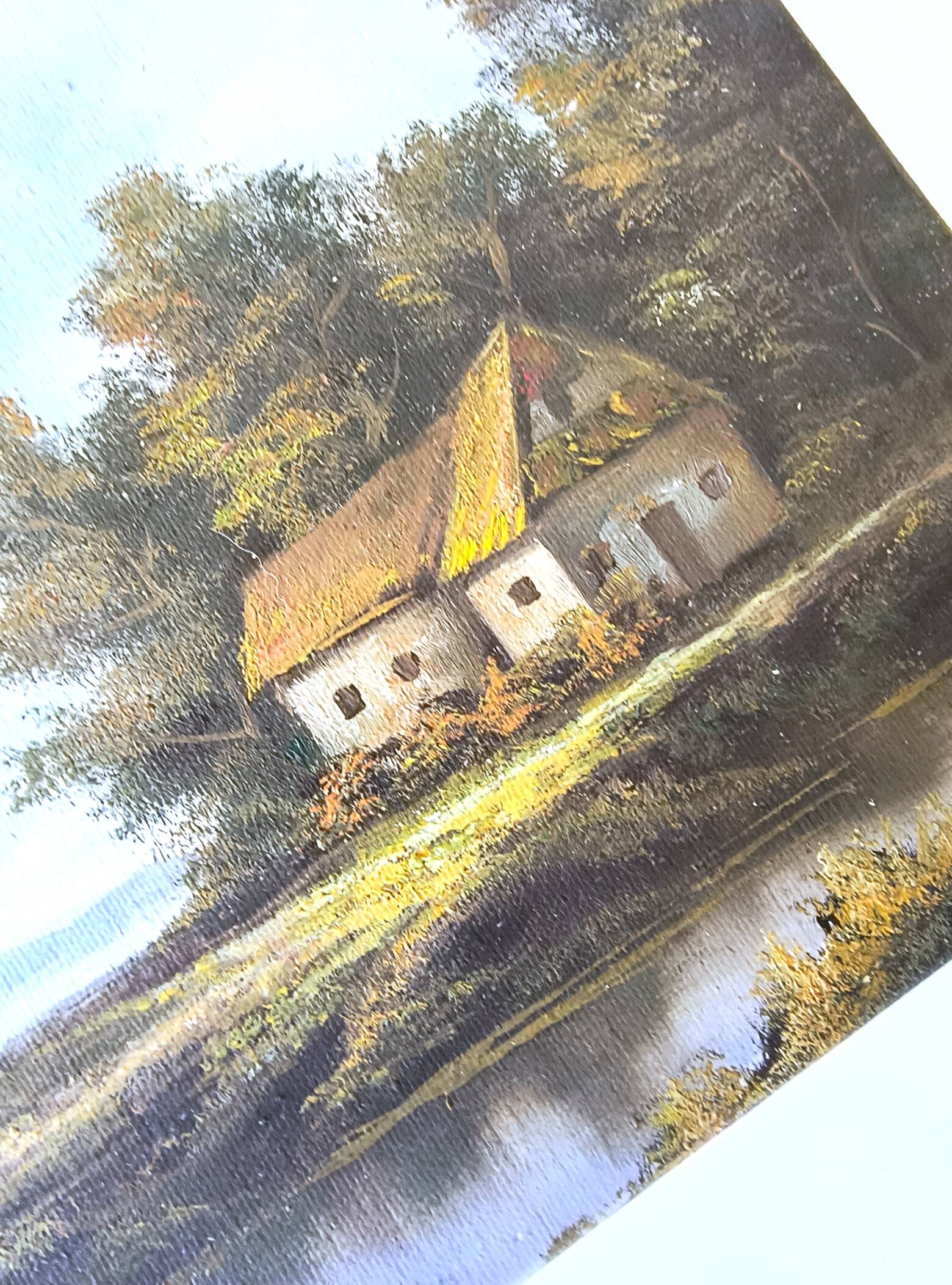 Antique painting signed "Percy" - House by the pond - oil on canvas