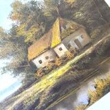 Antique painting signed "Percy" - House by the pond - oil on canvas