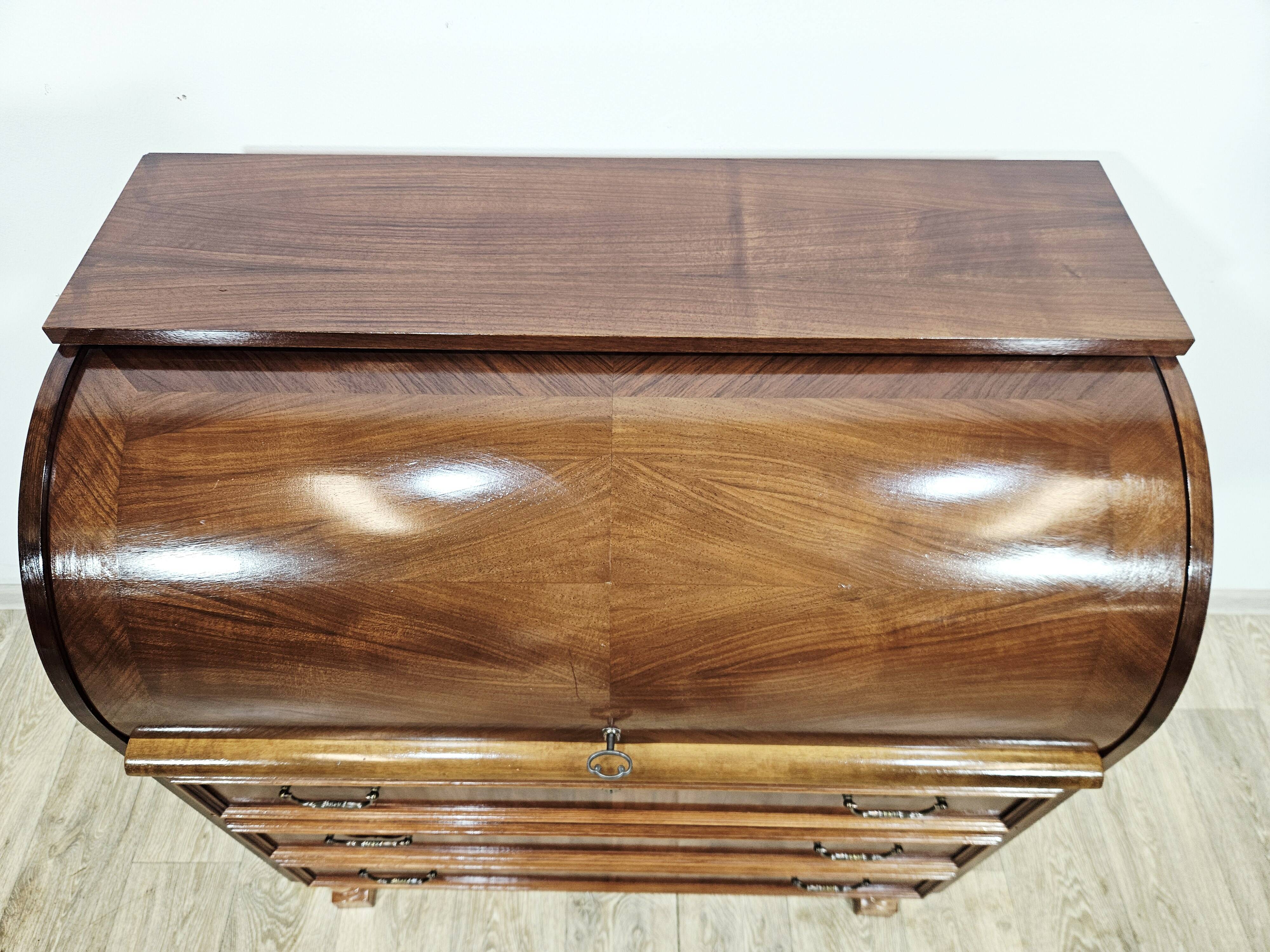 Walnut cylinder-roll-top secretary desk, 1970s.