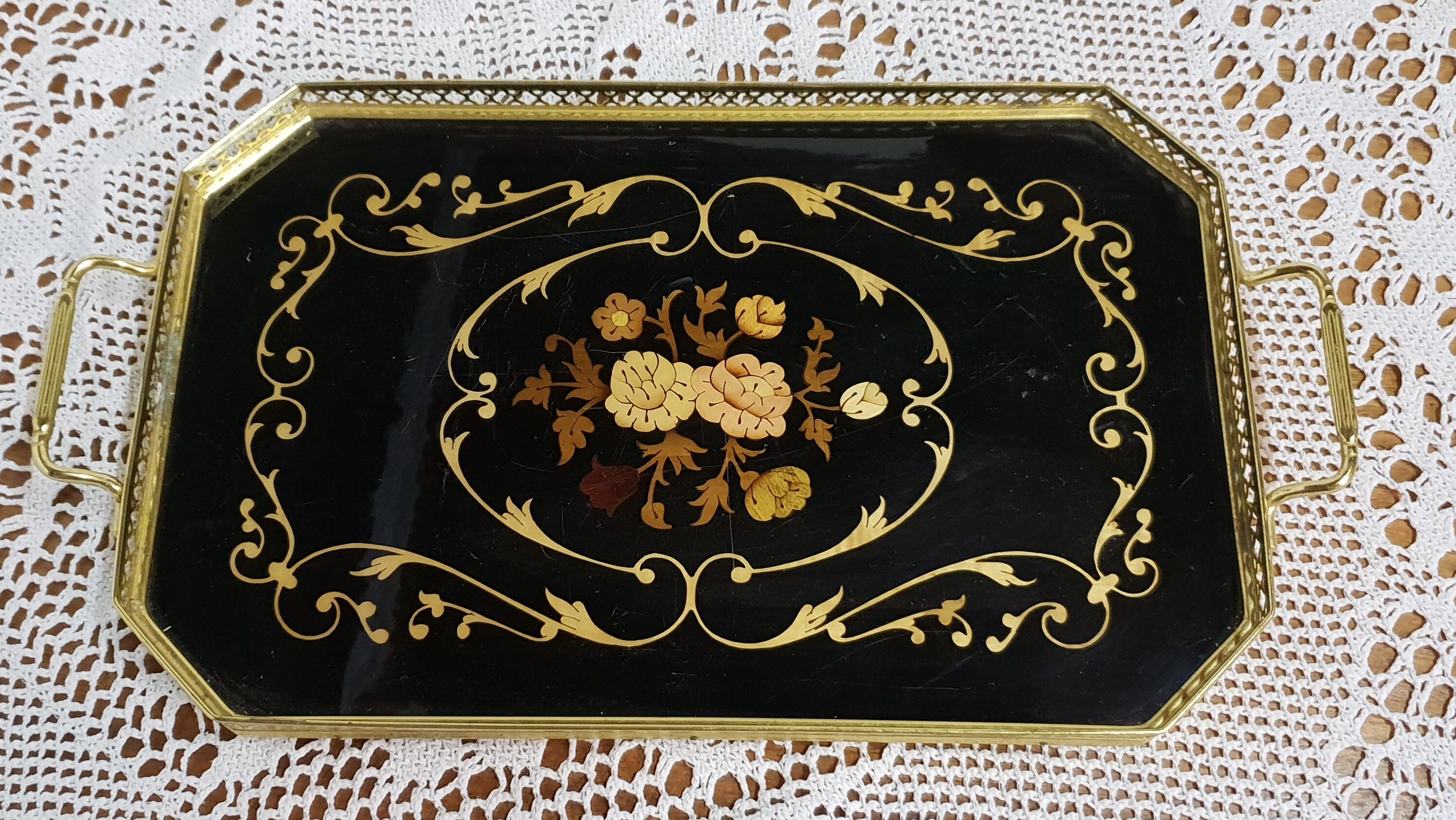 Old marquetry tray and gilded brass