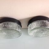 Pair of round ceiling lights in glass ice vintage 60-70s