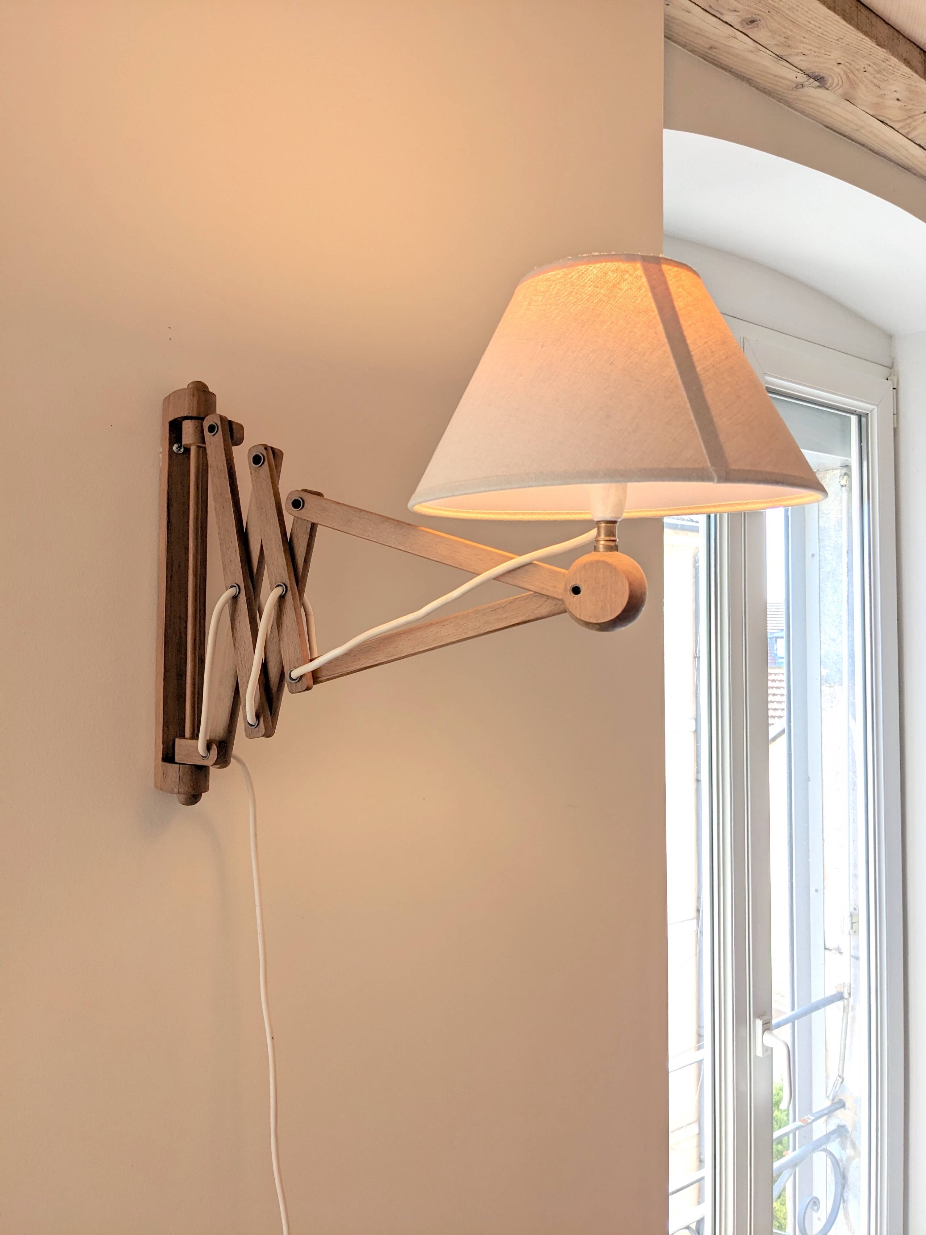 Scissor lamp or vintage wooden scissor wall light with fabric lampshade