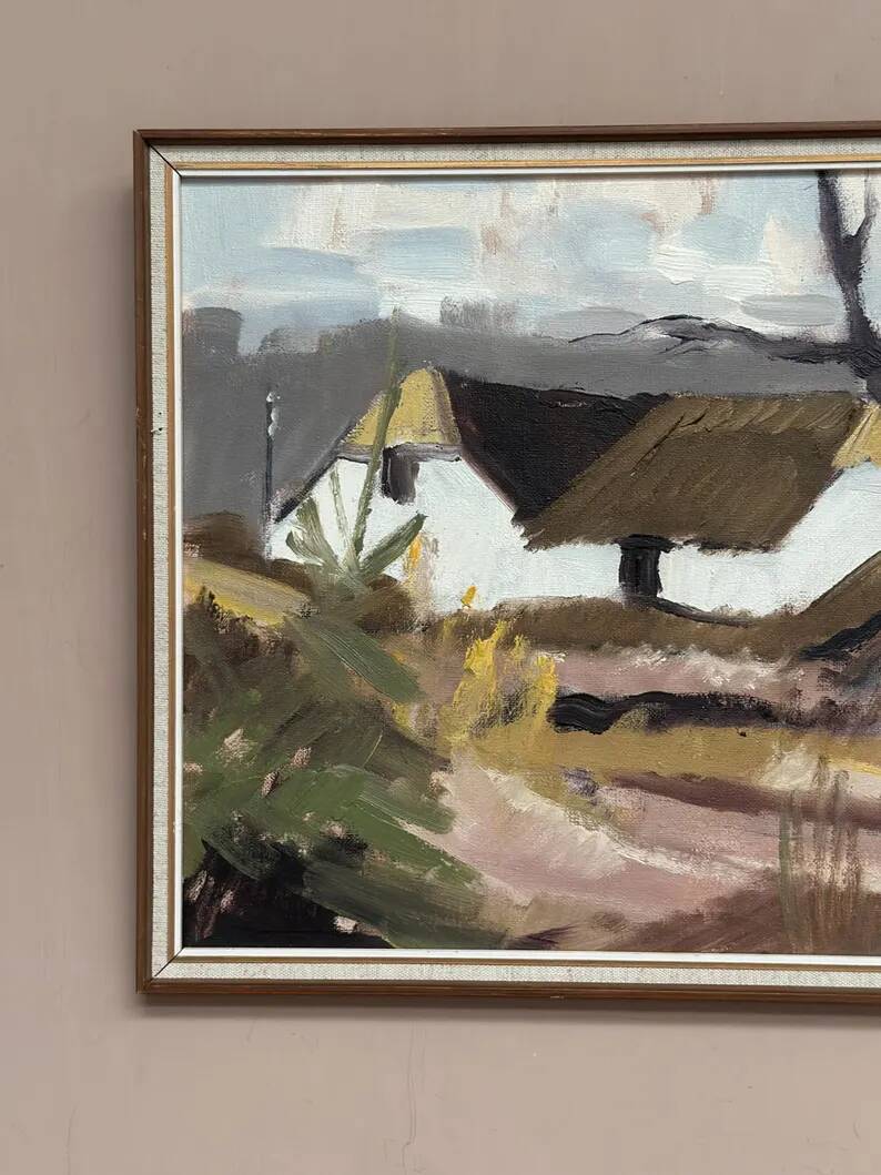 Original Swedish Oil on Canvas – "Farm" by Jörgen Bruun – Signed – Vintage and Framed – 41 × 31 cm (16.1" × 12.2")