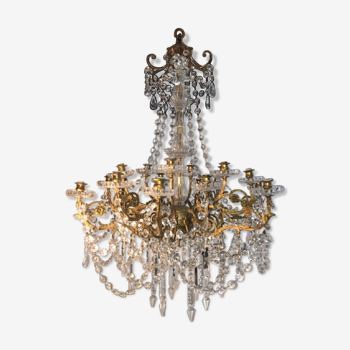 Ancient bronze chandelier with crystal and glass 12-arm 18-lamp pupilles