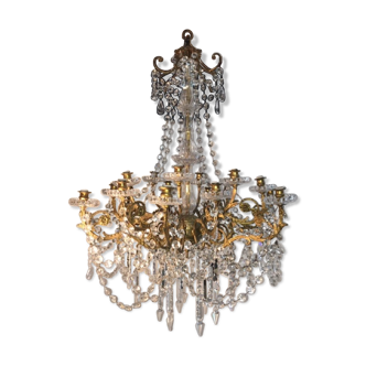 Ancient bronze chandelier with crystal and glass 12-arm 18-lamp pupilles