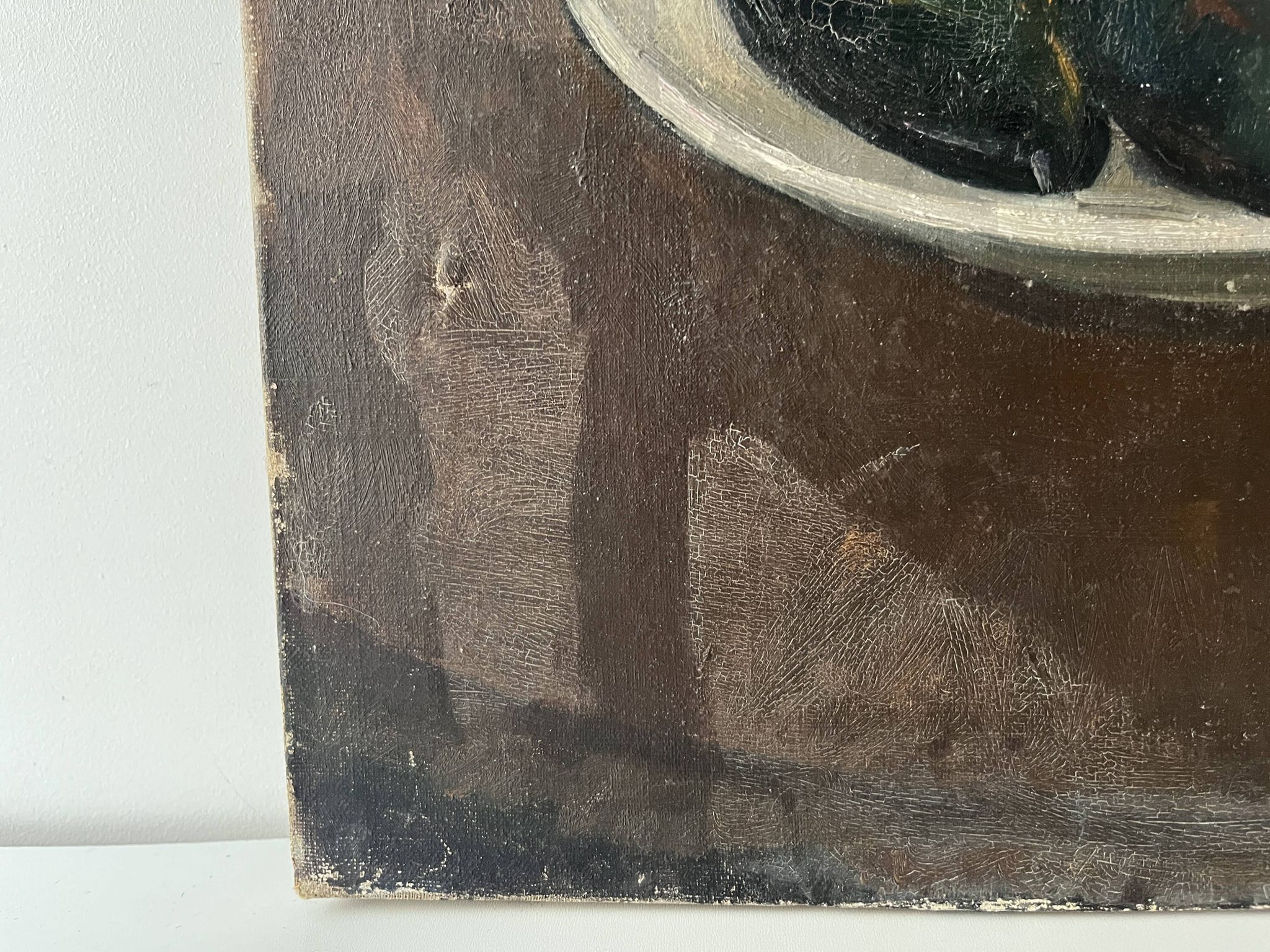 Oil on canvas still life with fish from the 1920s, antique painting.
