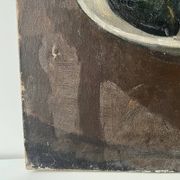 Oil on canvas still life with fish from the 1920s, antique painting.