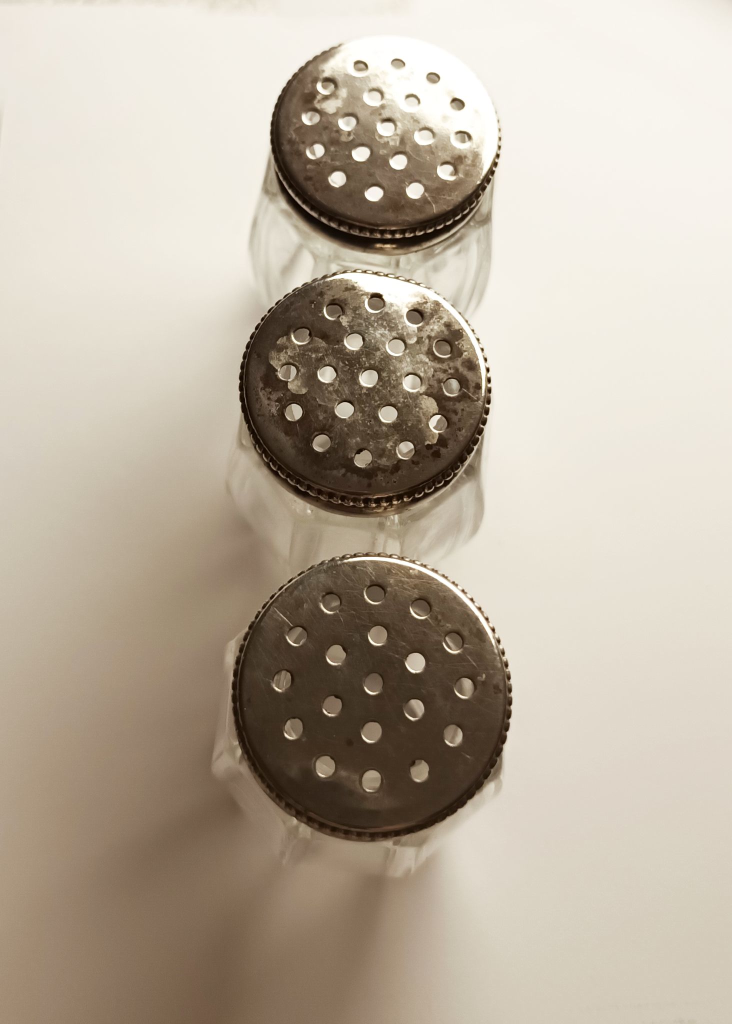 3 crystal and metal salt shakers