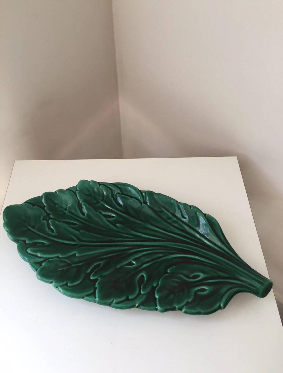 Large Vintage Green Leaf Earthenware Tray