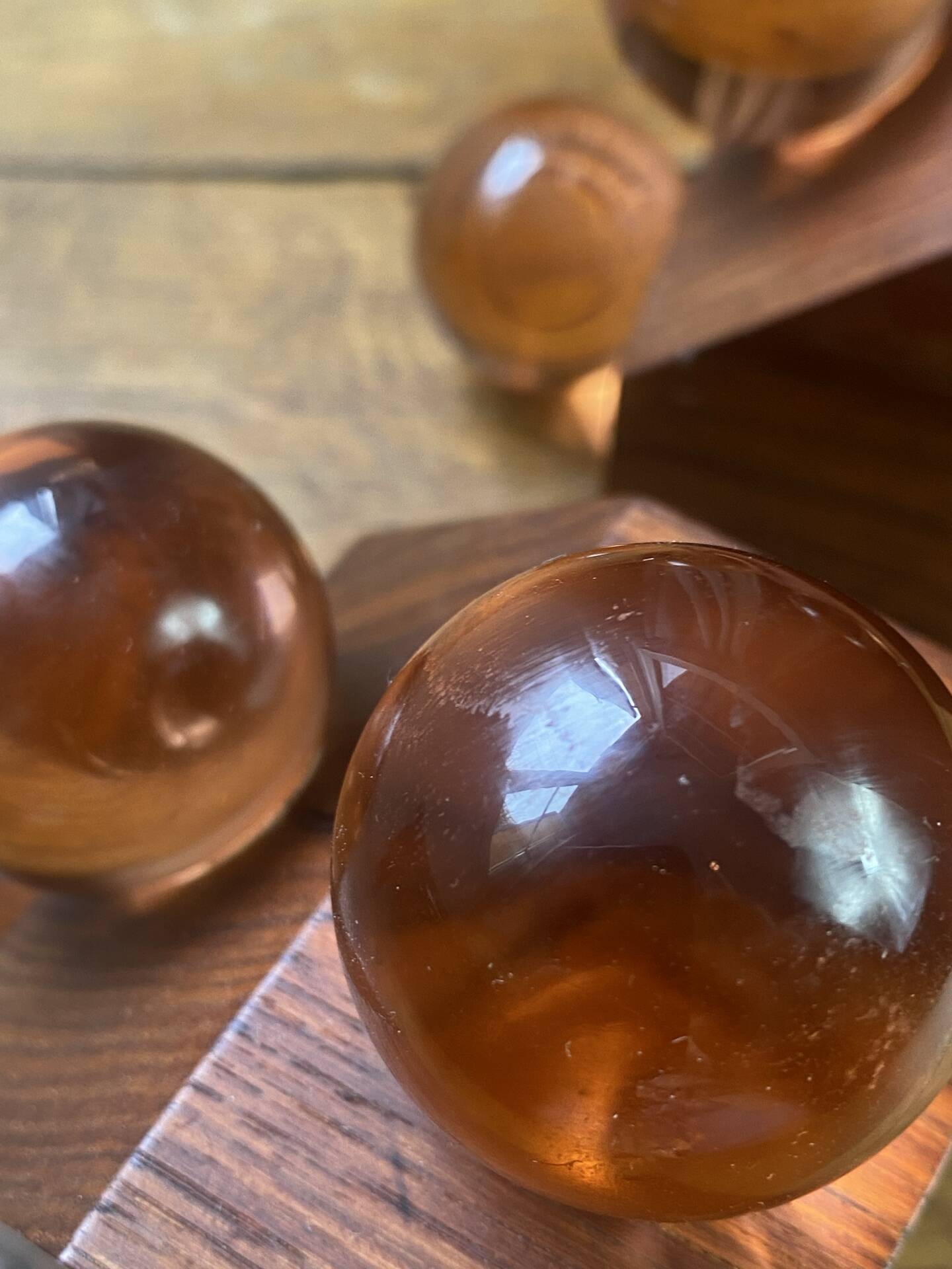 Wooden bookends and spherical glass balls