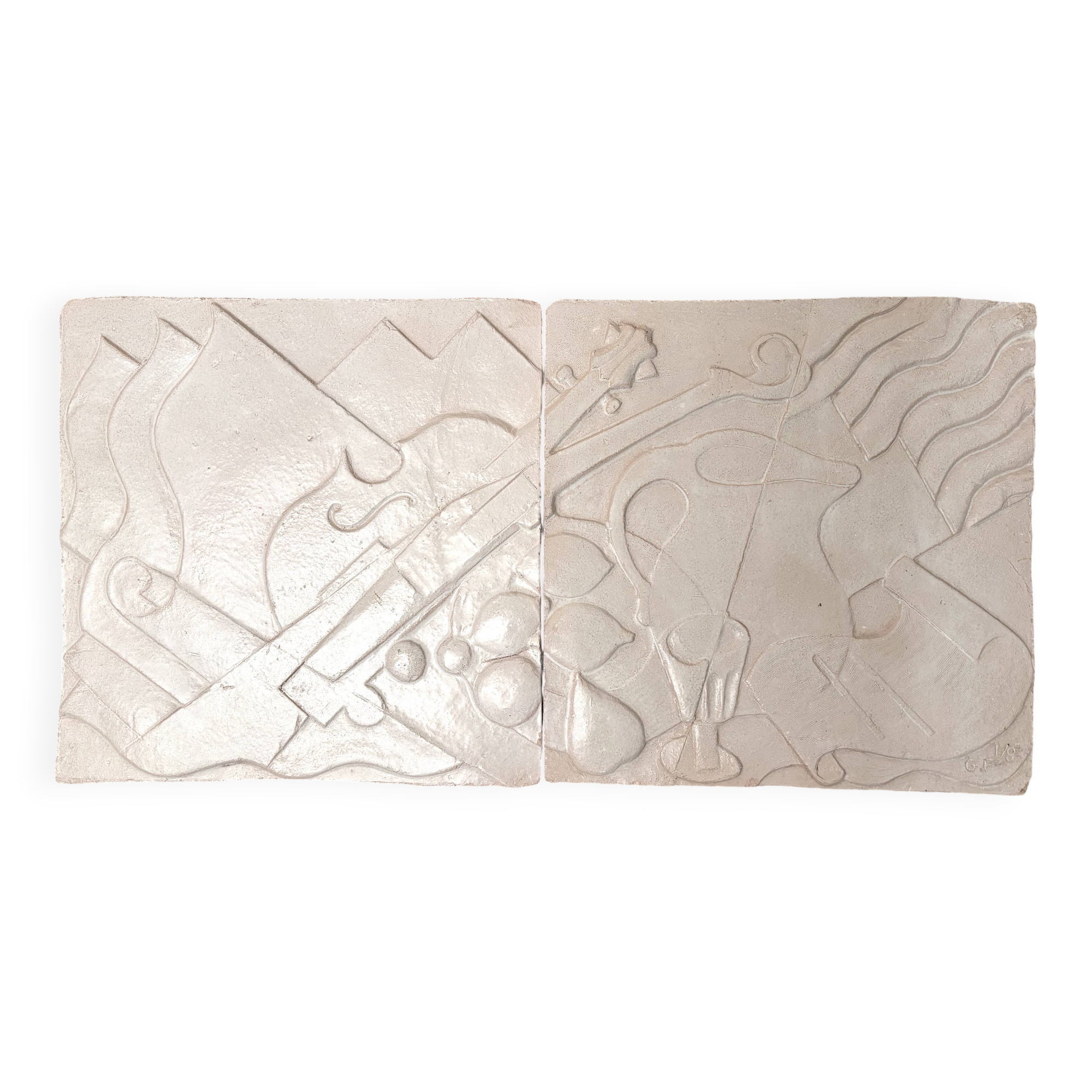Set of 2 signed ceramic panels, still life, 1950