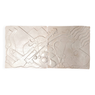 Set of 2 signed ceramic panels, still life, 1950