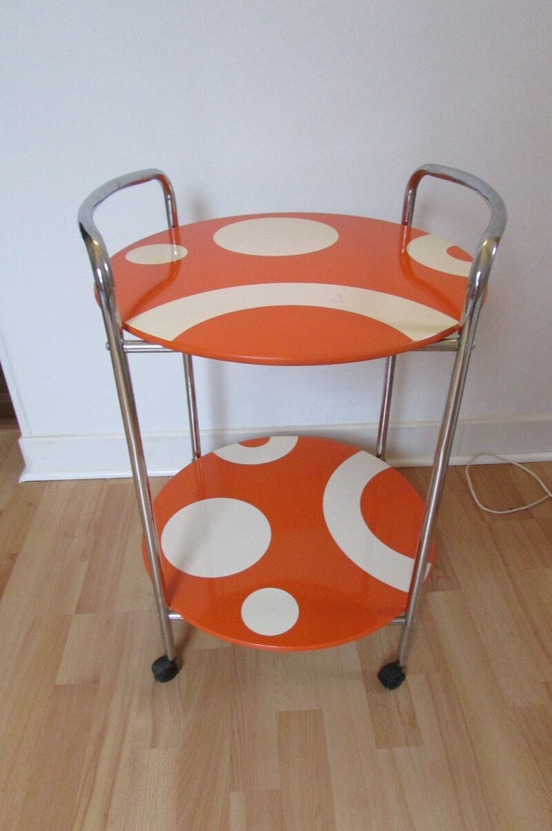 Pedestal table, vintage service on wheels, orange and white