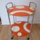 Pedestal table, vintage service on wheels, orange and white