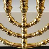 Menorah/Jewish/Hebrew candlestick with 7 arms of light. Engraved with the symbols of the 12 tribes of Israel/Holyland inscription. In gold metal. Size 20 x 16 cm