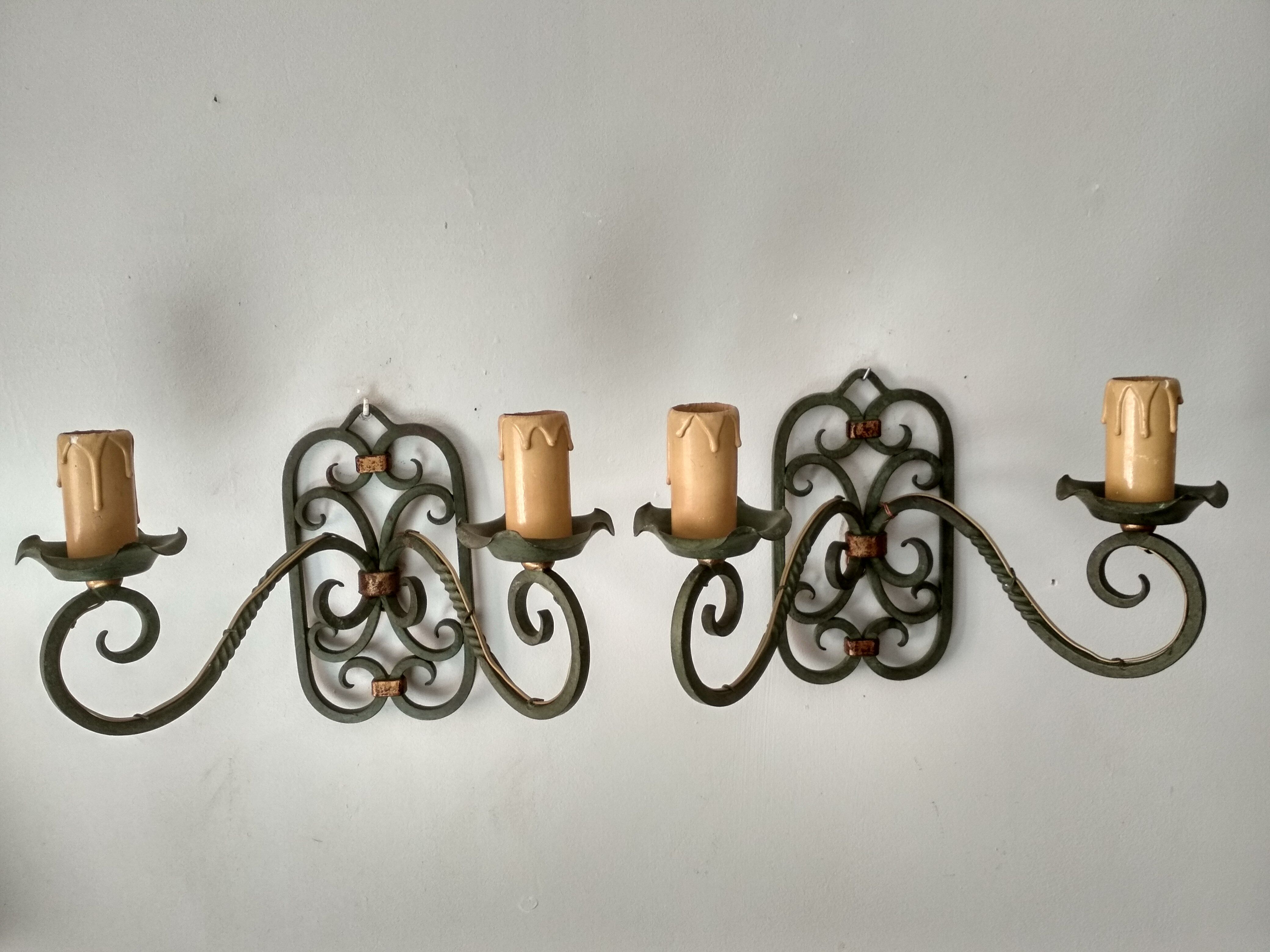 Pair of old wrought iron sconces patina green and gold - 2 lights