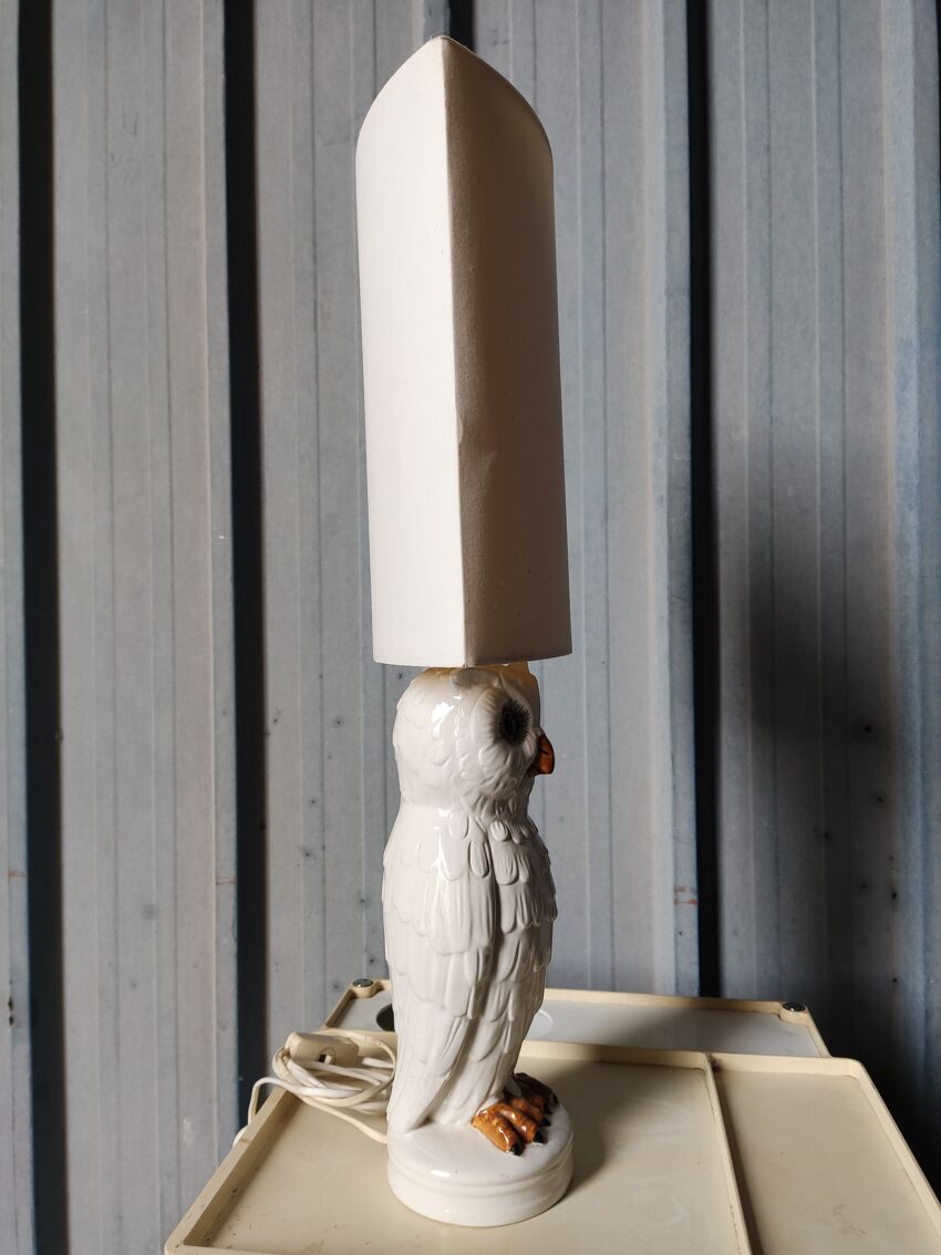 Lampe hibou chouette Chaumette et son abat jour en soie peint à la main -   France