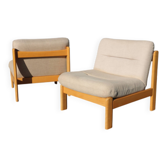 Pair of wood and fabric lounge chairs, 1980