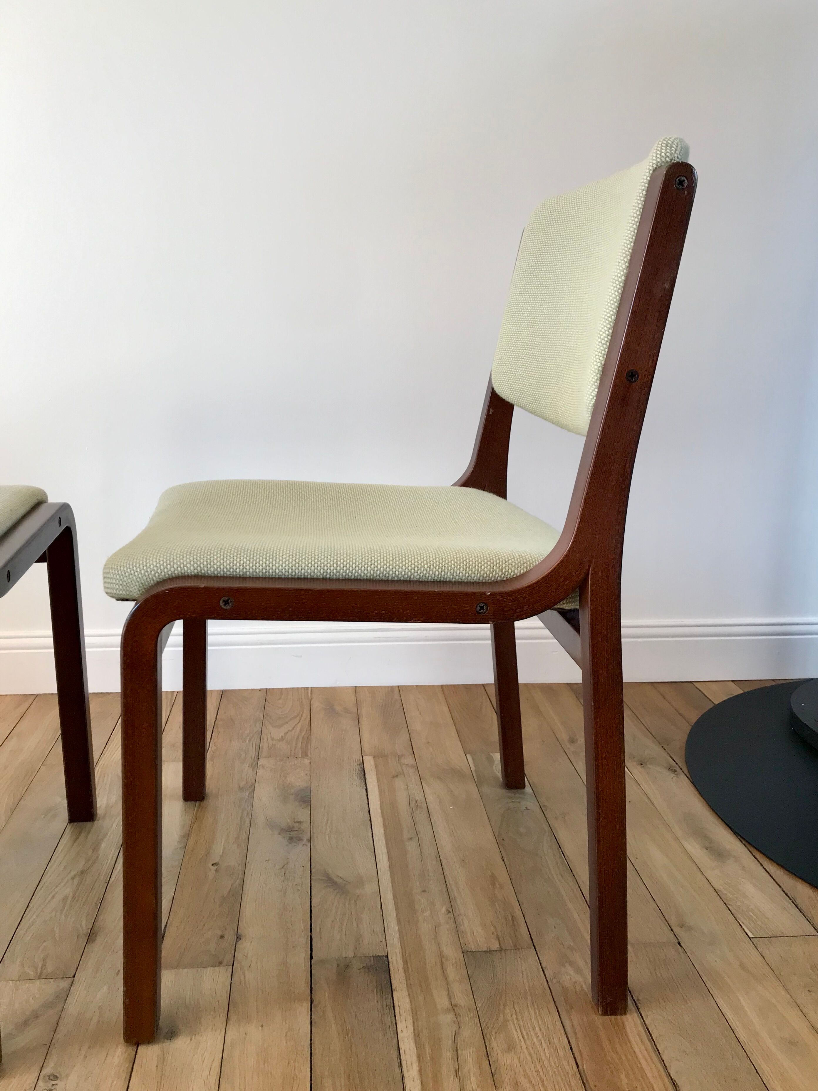 Pair of wooden armchairs and green and ecru fabrics 70s