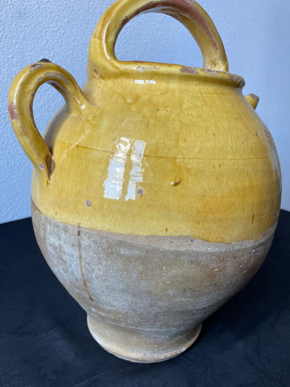 Cruche gargoulette chevrette en terre cuite jaune vernissé XIX eme siècle