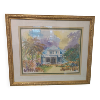 Aquarelle signée – Maison tropicale