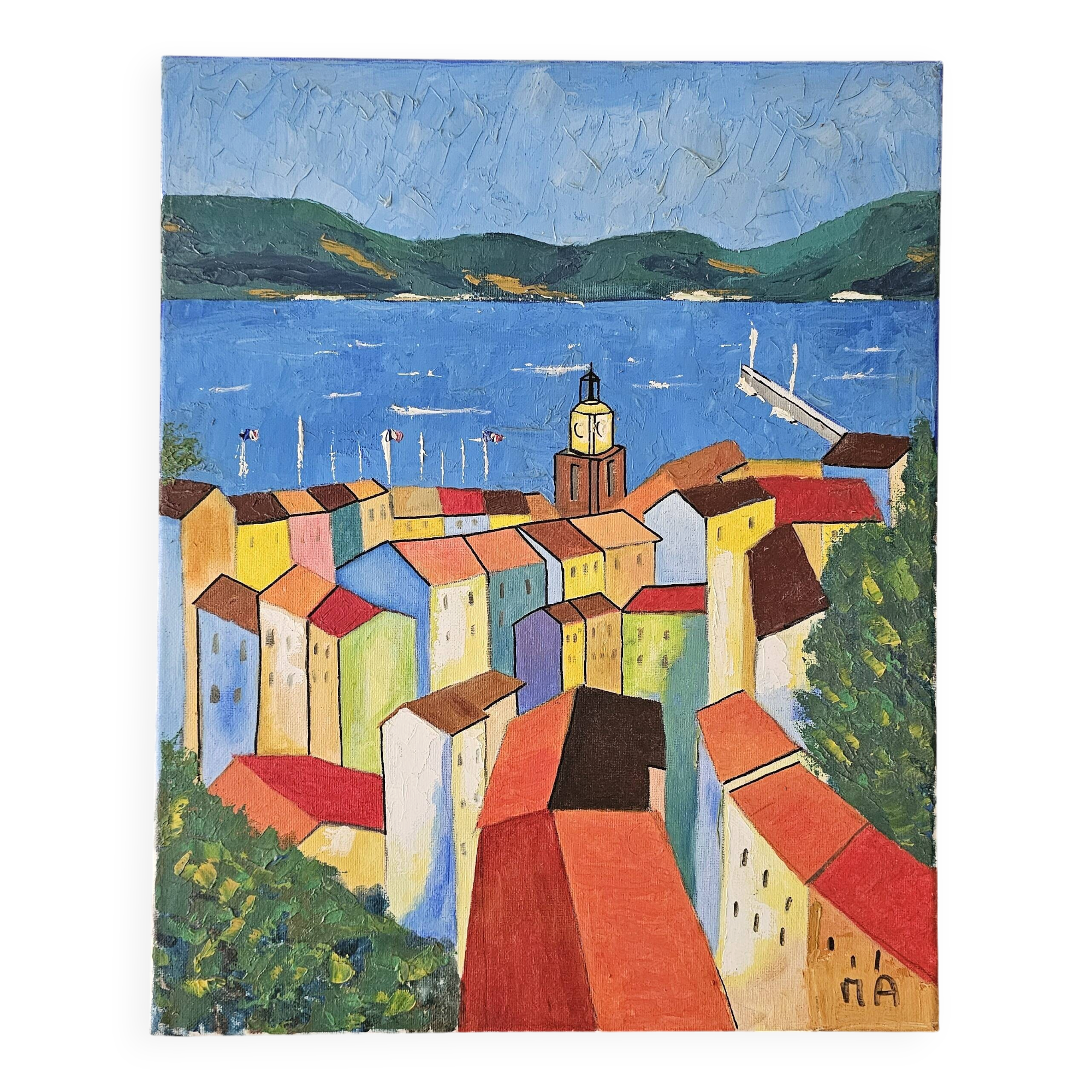Oil painting - Colourful view of the rooftops of the village of Saint-Tropez