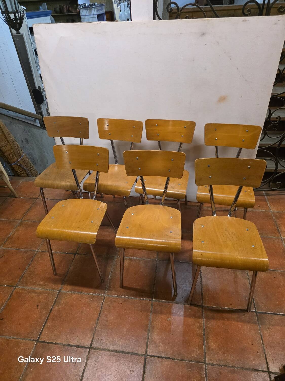 7 vintage school chairs in chrome metal from the 1970s