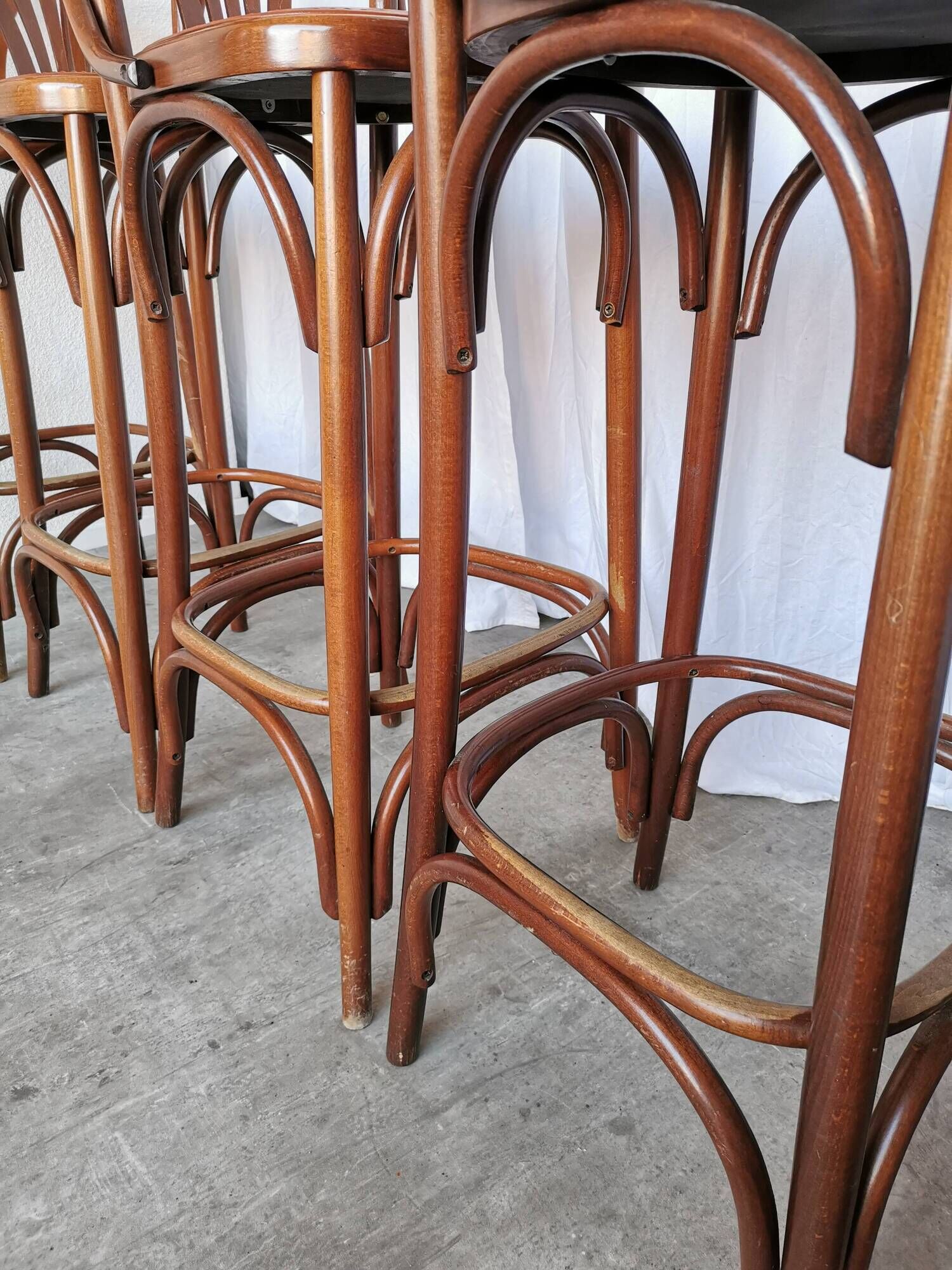 Set of 6 Vintage Bentwood Bar Stool Set: Brown Leather Seat, Nailhead Trim
