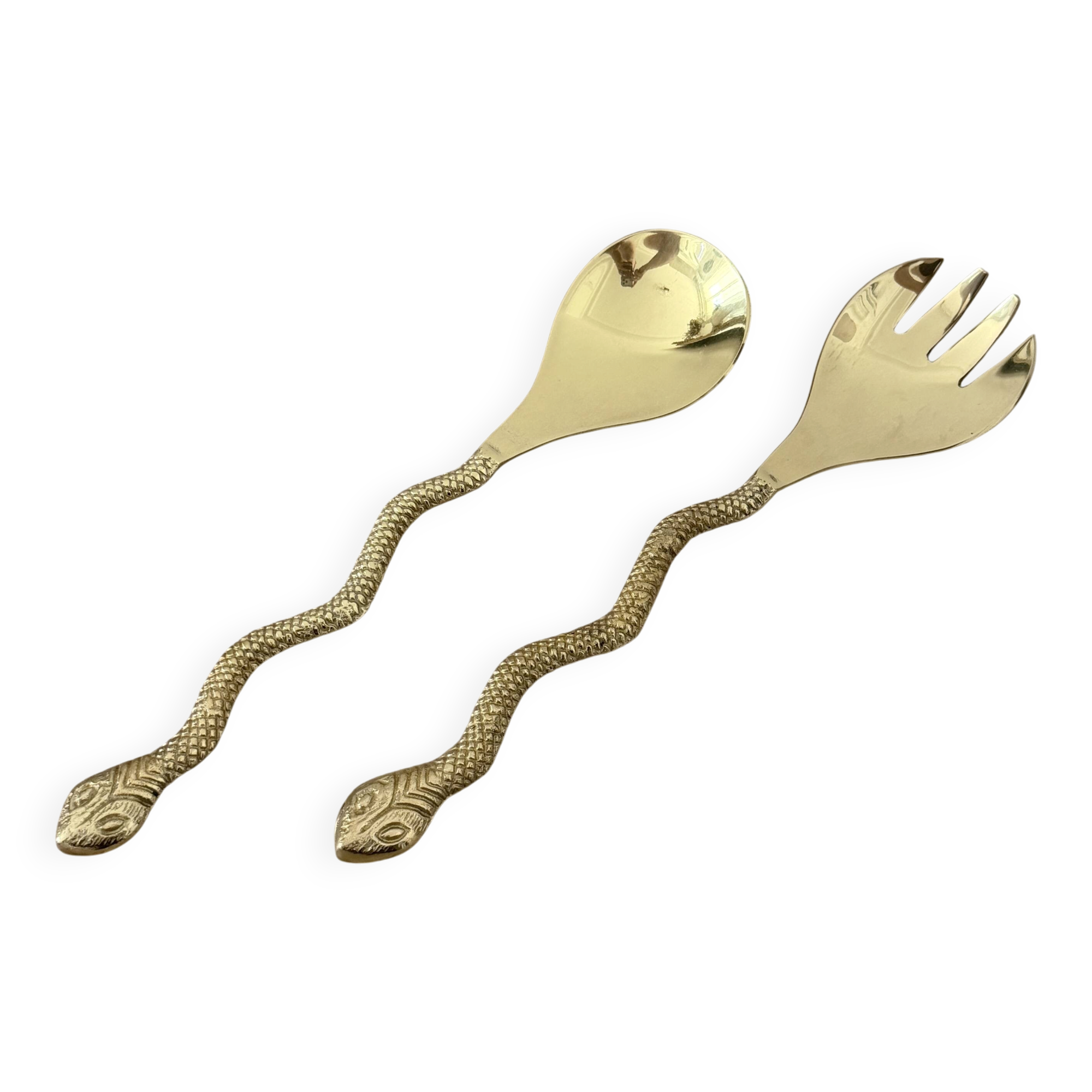 Gold metal snake salad serving set