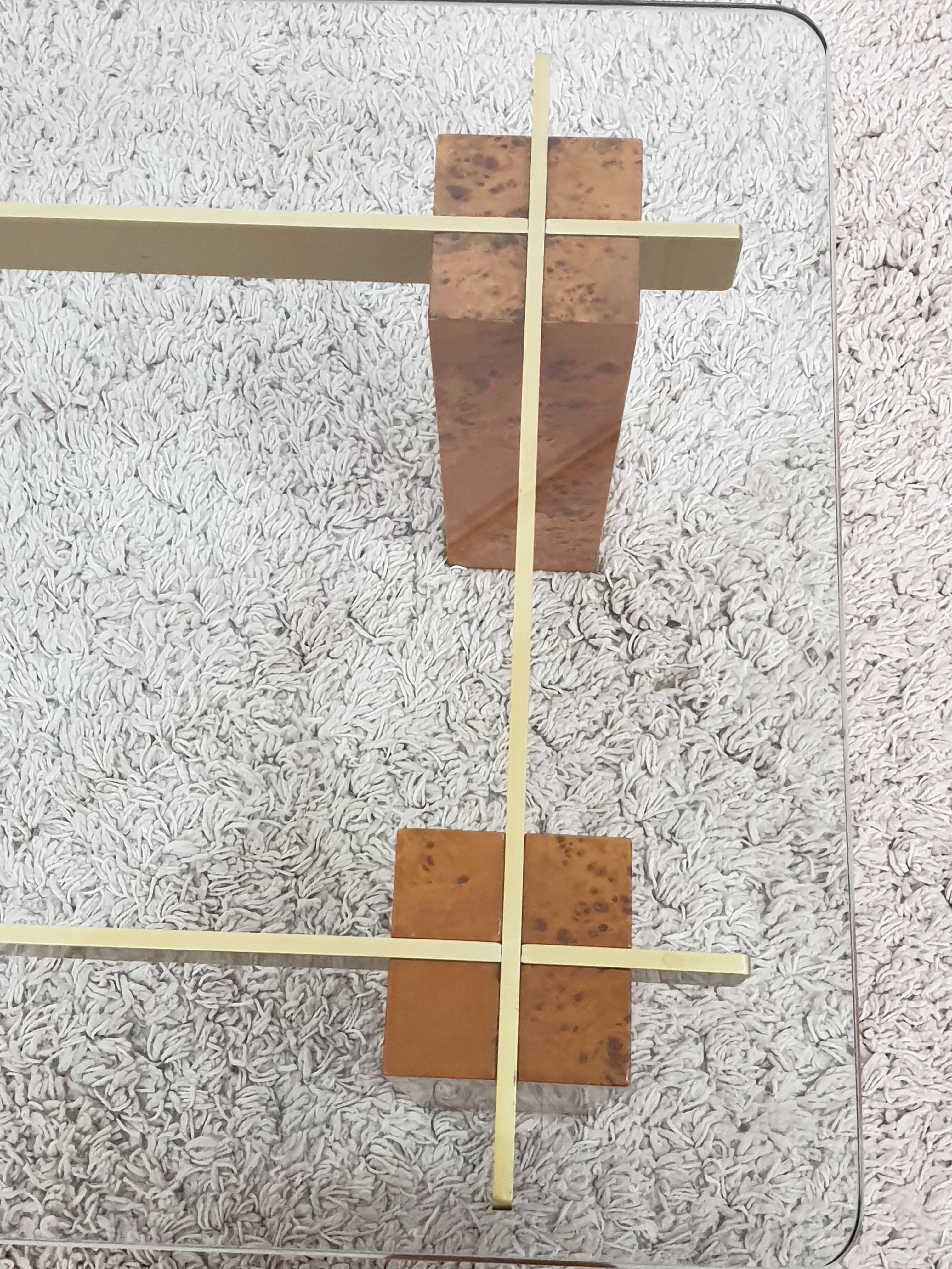 Low table in elm and brass magnifying glass