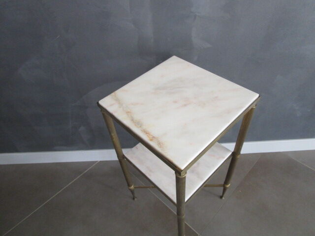 Marble pedestal table and brass hollywood regency