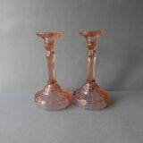 Pair of pink glass candle holders