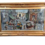 Dipinto a Olio di Francesco Tammaro Scena di Mercato Napoletana 80x130 cm