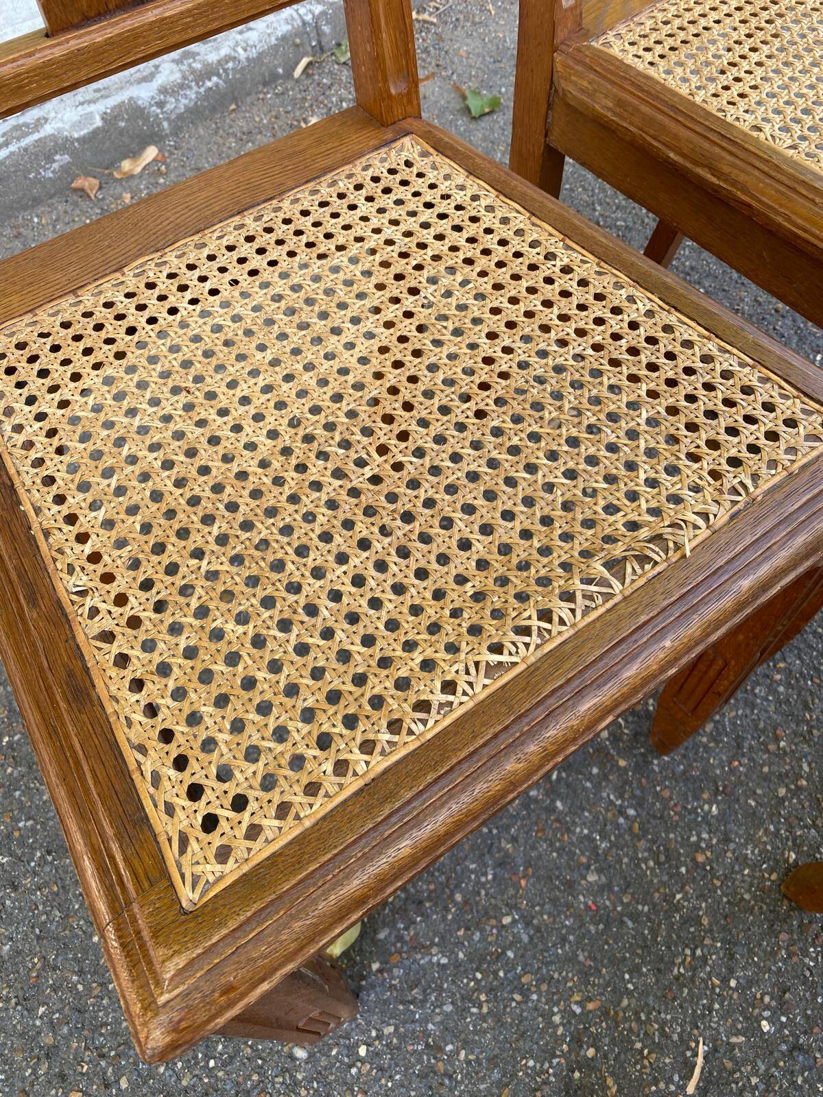 4 Art Deco chairs, solid oak, caned, 1950s.