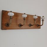 Wall coat rack with 4 metal hooks and white ceramic knobs, handmade.