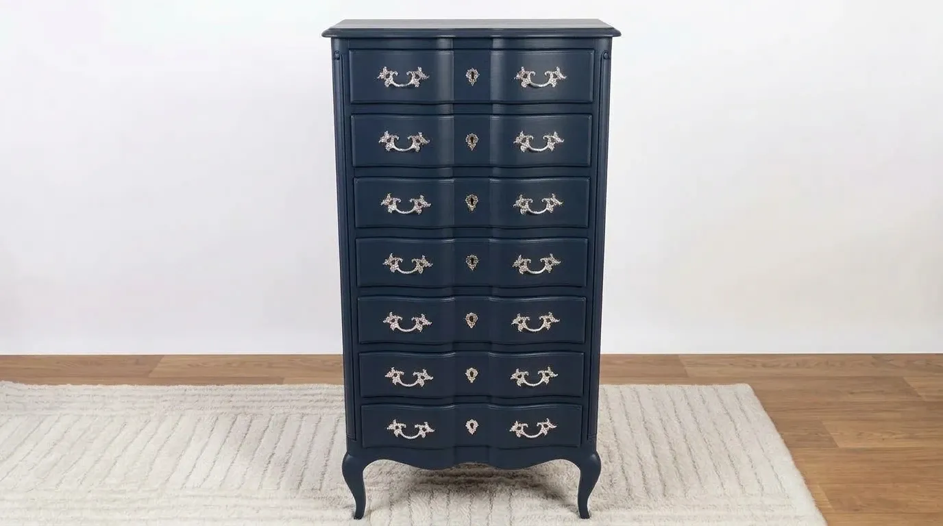Seven-drawer nightstand in blue night, Louis XIV style.