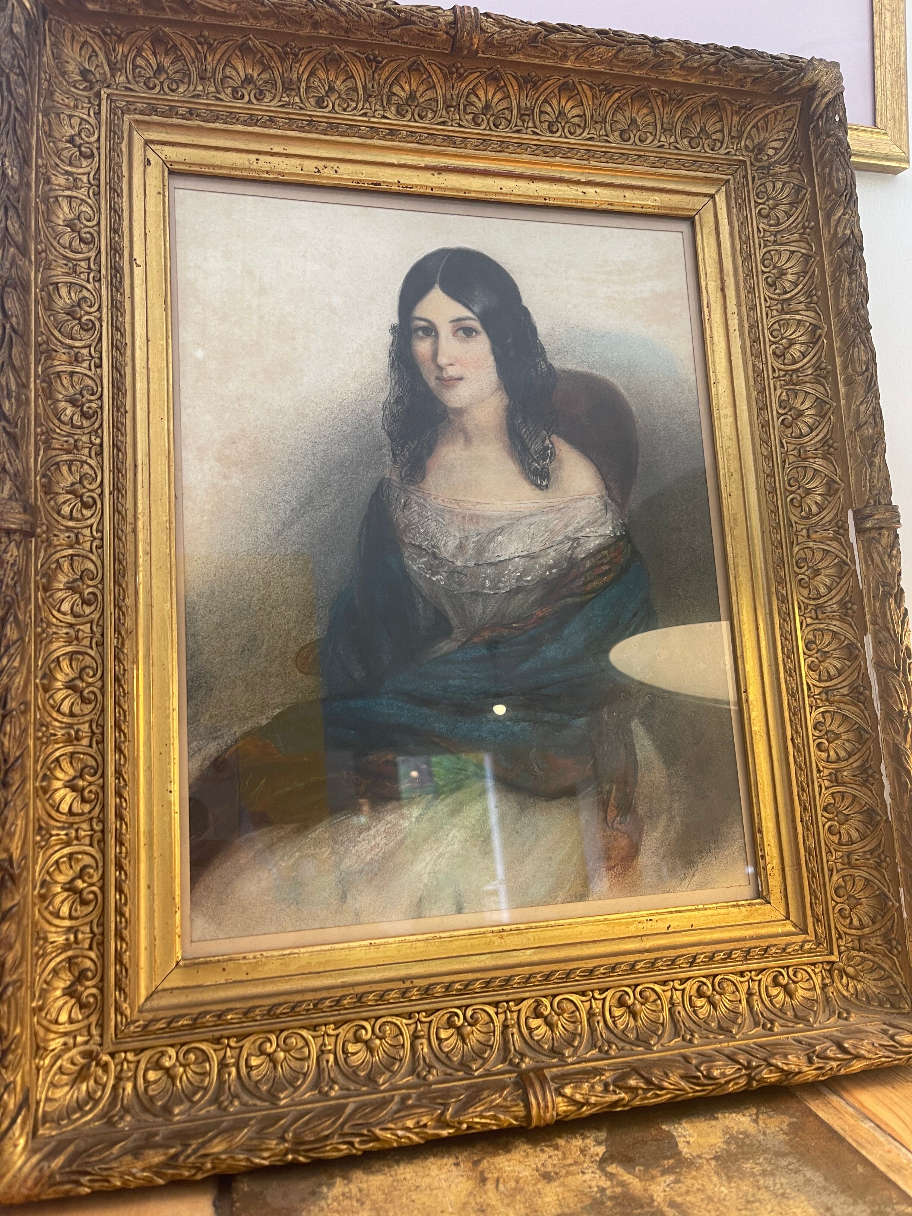 Tableau jeune femme au chalet bleu